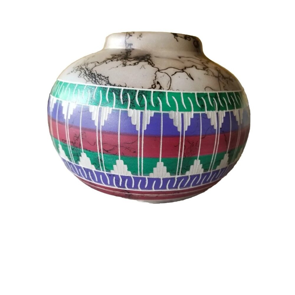 Ernest John Navajo Etched Pottery Vase Pot Horse Hair 5" Tall x 7" Diameter